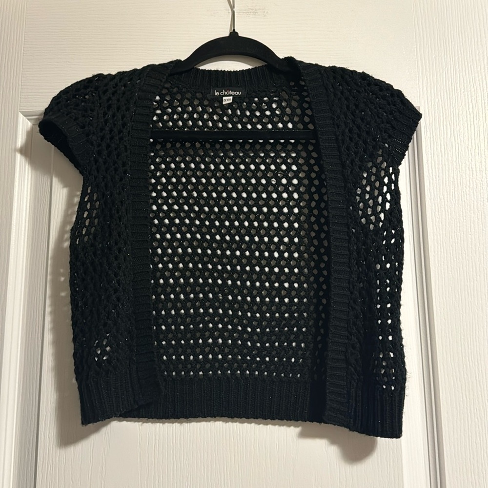 le chateau black open cardigan with speckles of silver, size XXS
